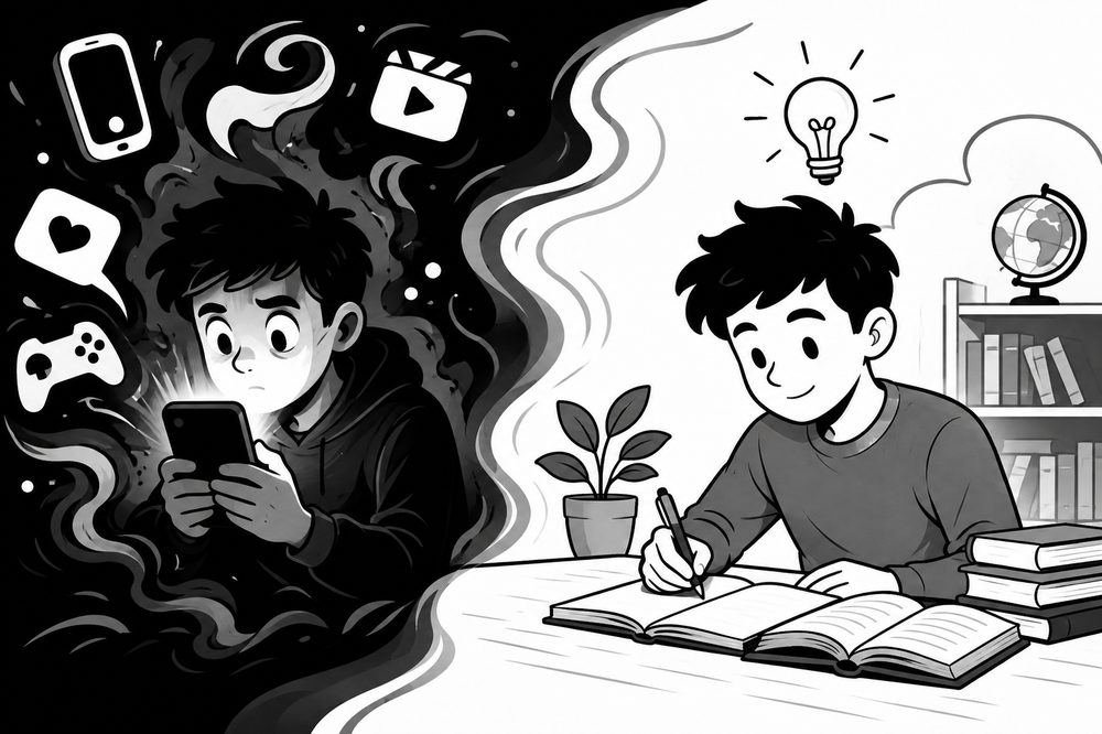 Split illustration: on one side a boy lost in his phone surrounded by social media icons, on the other side the same boy focused and writing in a notebook with a lightbulb above his head