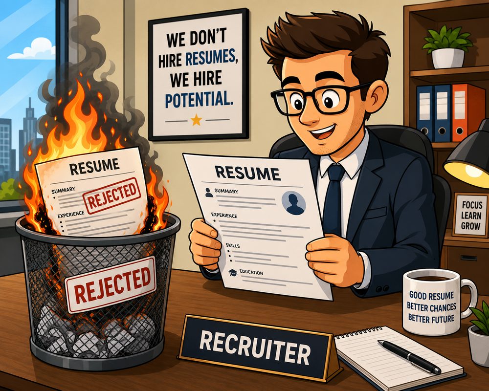 A recruiter reviewing a resume at a desk, with a rejected resume burning in a wastebasket beside a sign reading 'we don't hire resumes, we hire potential'